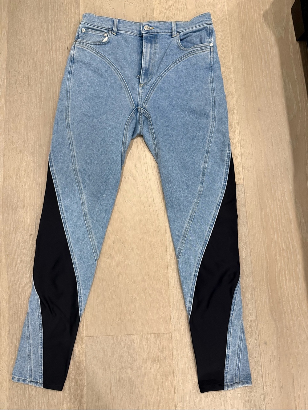 Mugler H&M Light Blue Denim Skinny Jeans with Black Panels size L